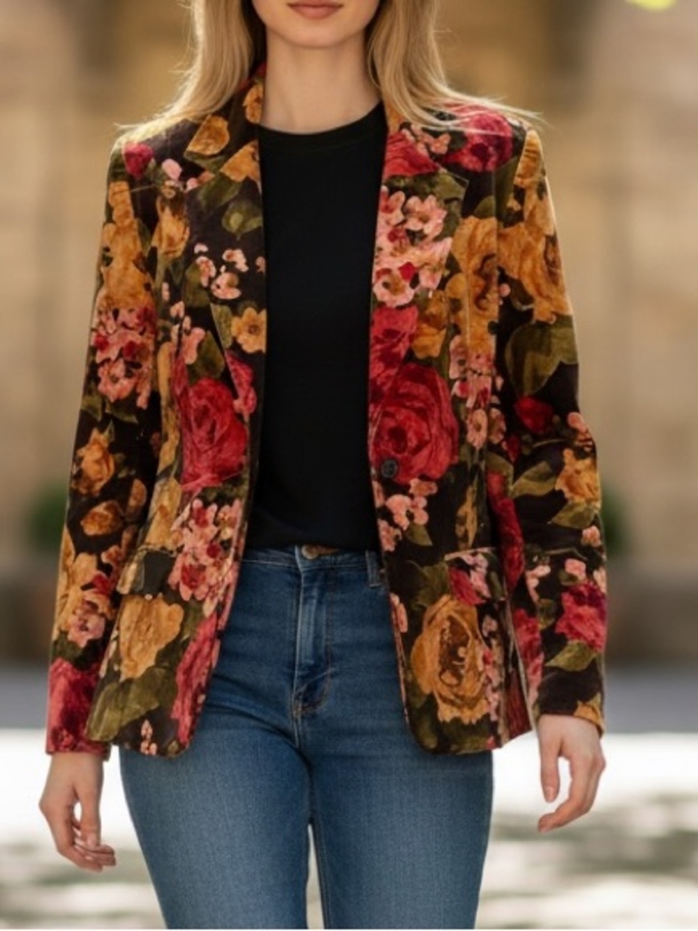 Vintage Floral Velvet Blazer Size 10 Earth Tone Satin Lined Jacket Boho